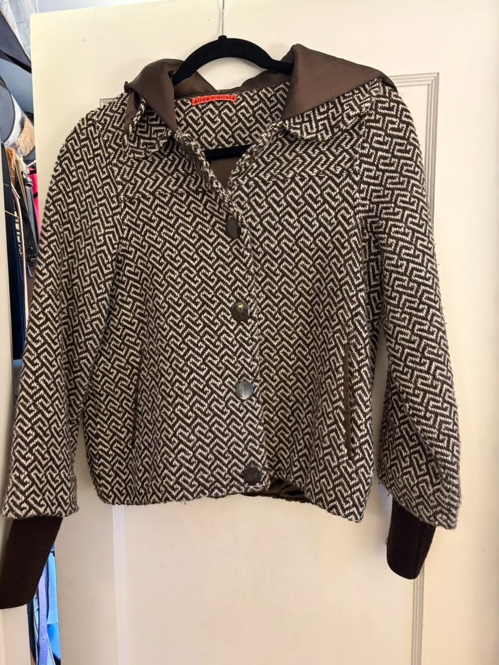 Alice + Olivia Brown Cream herringbone hood crop wool jacket M Adorbs